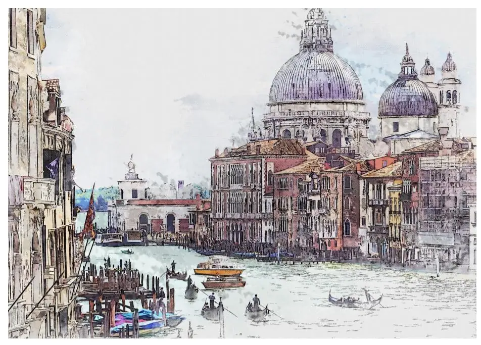 A travel sketchbook open on a table beside a canal in Venice with pen and watercolor