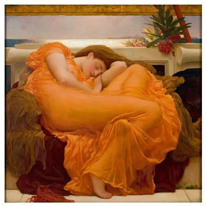 Flaming June by Frederic Leighton, a sleeping woman in flowing orange fabric