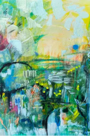 Abstract acrylic painting in blue, green, yellow, and pink with layered texture