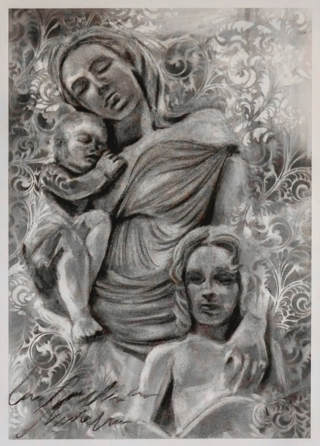 Charcoal drawing of a woman with children and layered pattern work