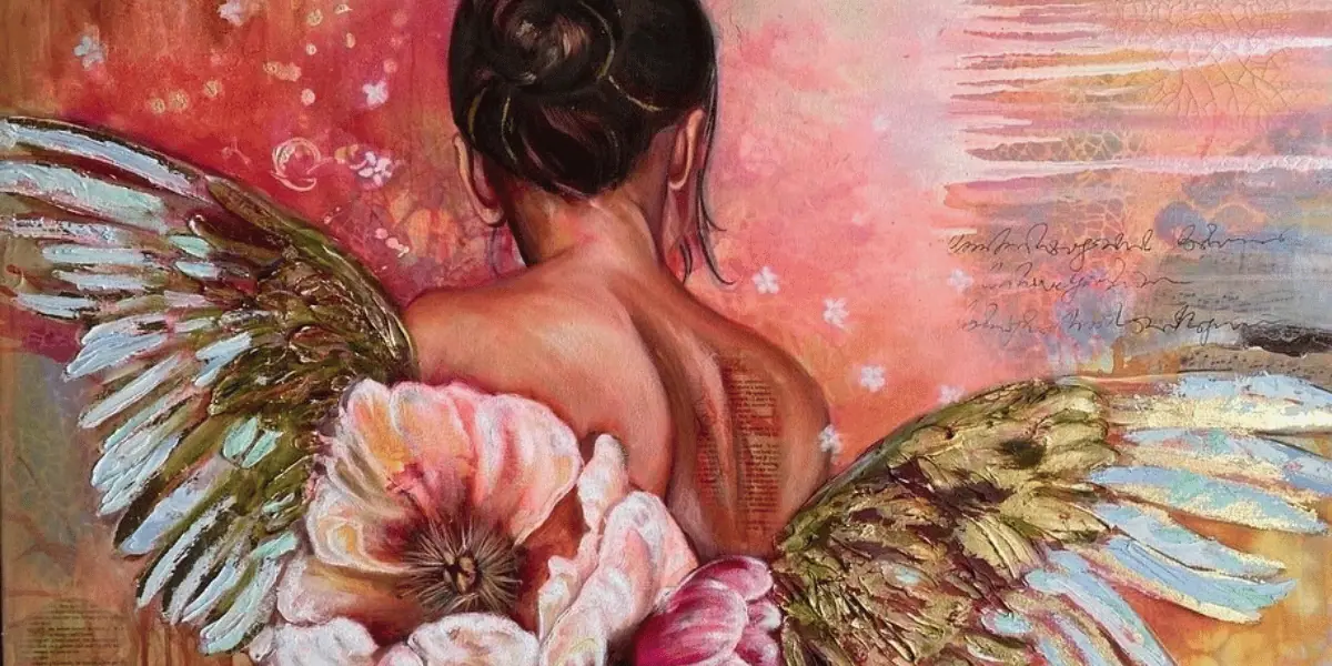 Angel painting in soft peach, pink, and gold tones