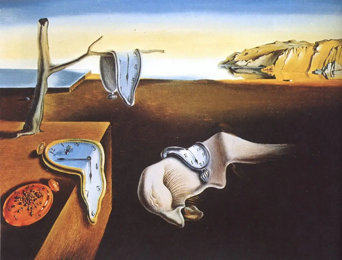 The Persistence of Memory by Salvador Dali, soft melting pocket watches draped over a branch, a table edge, and a strange form in a barren dreamlike landscape