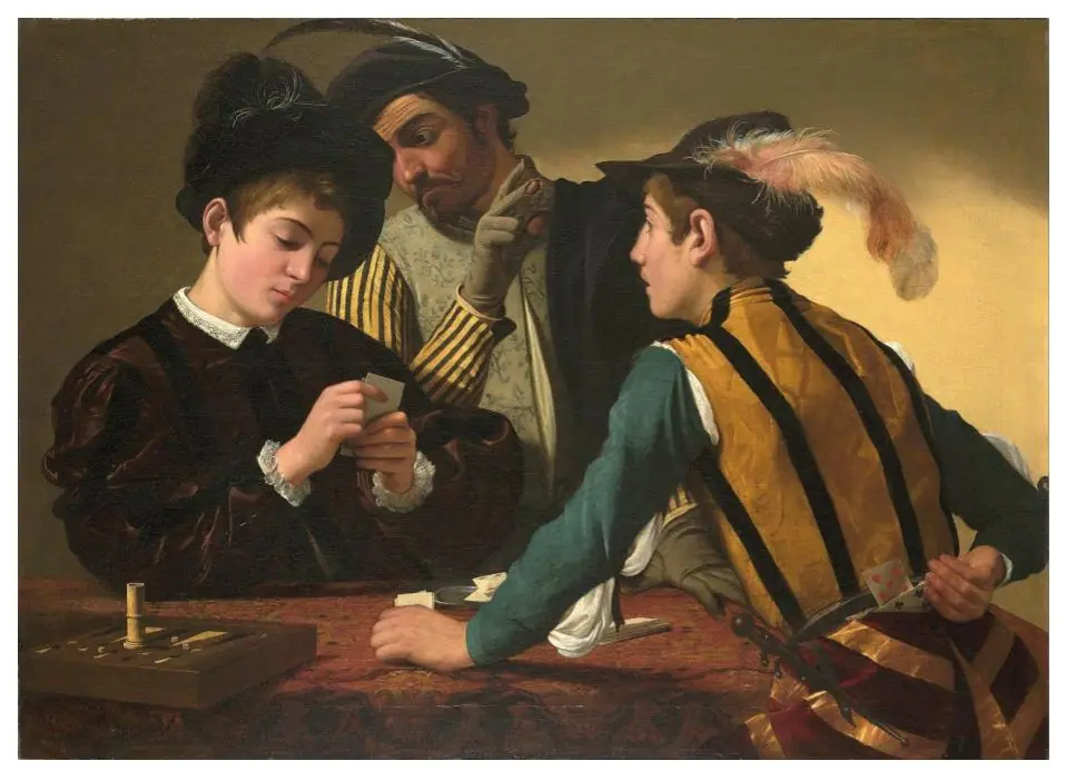Caravaggio painting The Cardsharps showing a young man being cheated at cards while an accomplice signals his hand