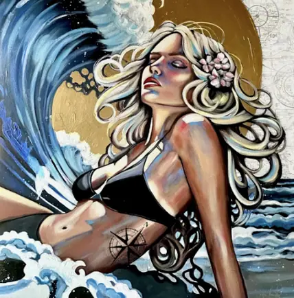 Painting of a woman standing on a beach beneath a gold sun with rolling blue waves
