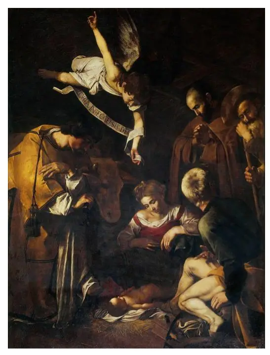 Nativity with St Francis and St Lawrence by Caravaggio showing the Christ child on the ground surrounded by figures in deep shadow