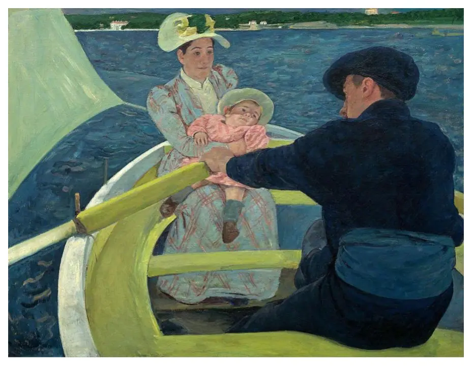 Mary Cassatt painting The Boating Party showing a man rowing a mother and child across blue water