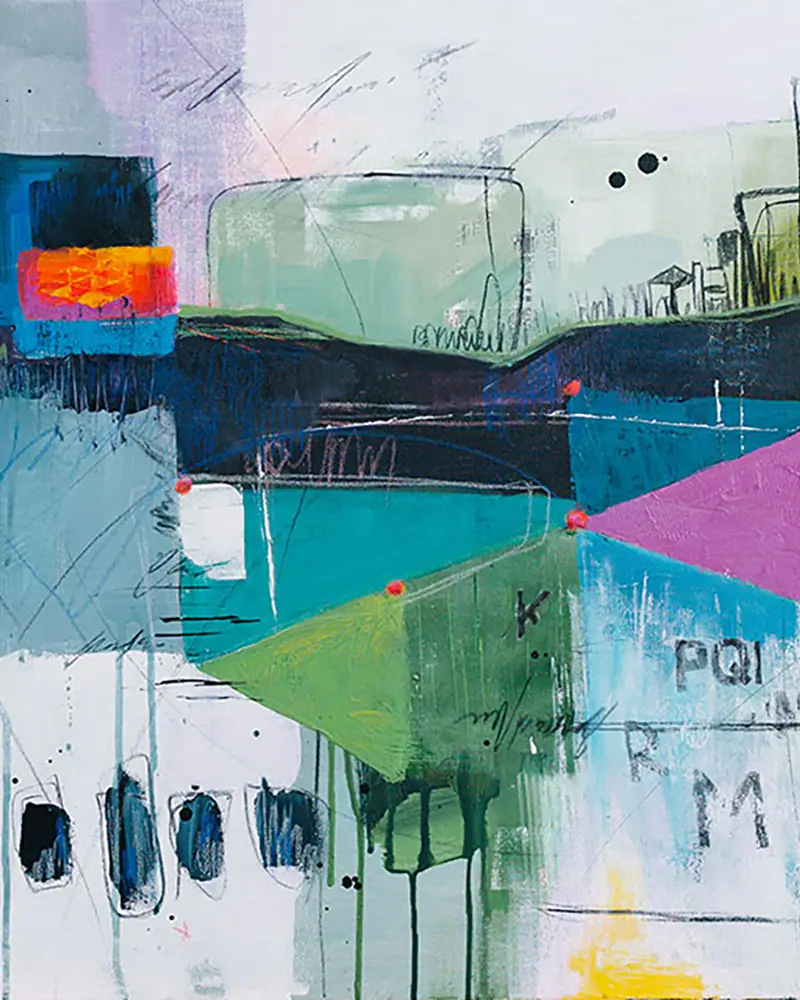 Abstract painting built from colorful shapes in green, blue, orange, and pink