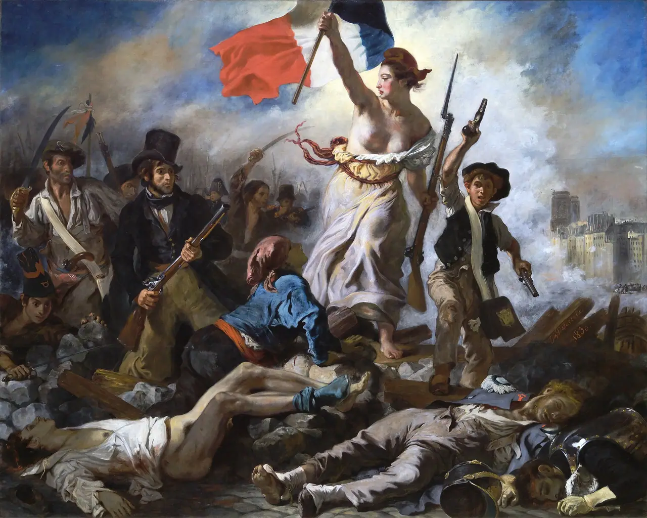 Liberty Leading the People by Eugène Delacroix, a woman raising the French flag while leading revolutionaries over a barricade