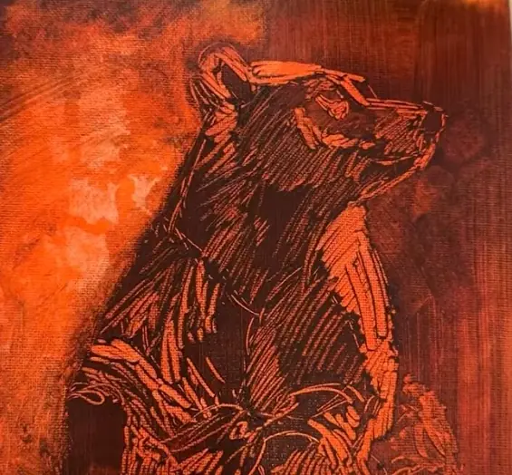 Bear underpainting in orange and brown with subtracted details pulled out of the surface