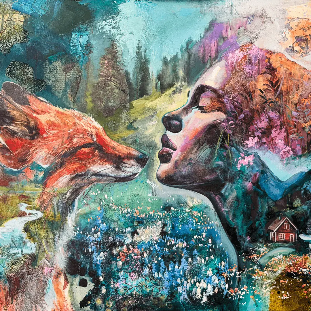 Mixed media painting of a girl and a fox