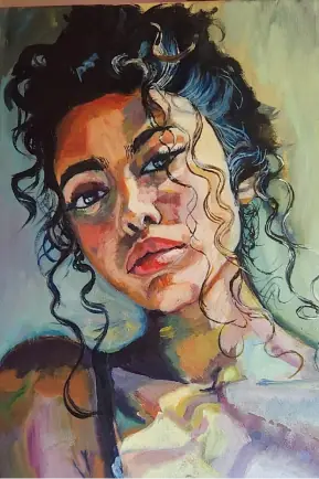 Painted portrait of a woman with curly hair showing a softly rendered nose