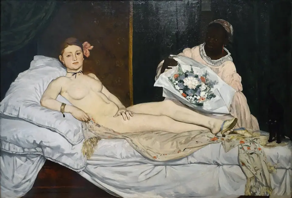 Olympia by Édouard Manet, a reclining nude gazing directly at the viewer while a servant presents flowers