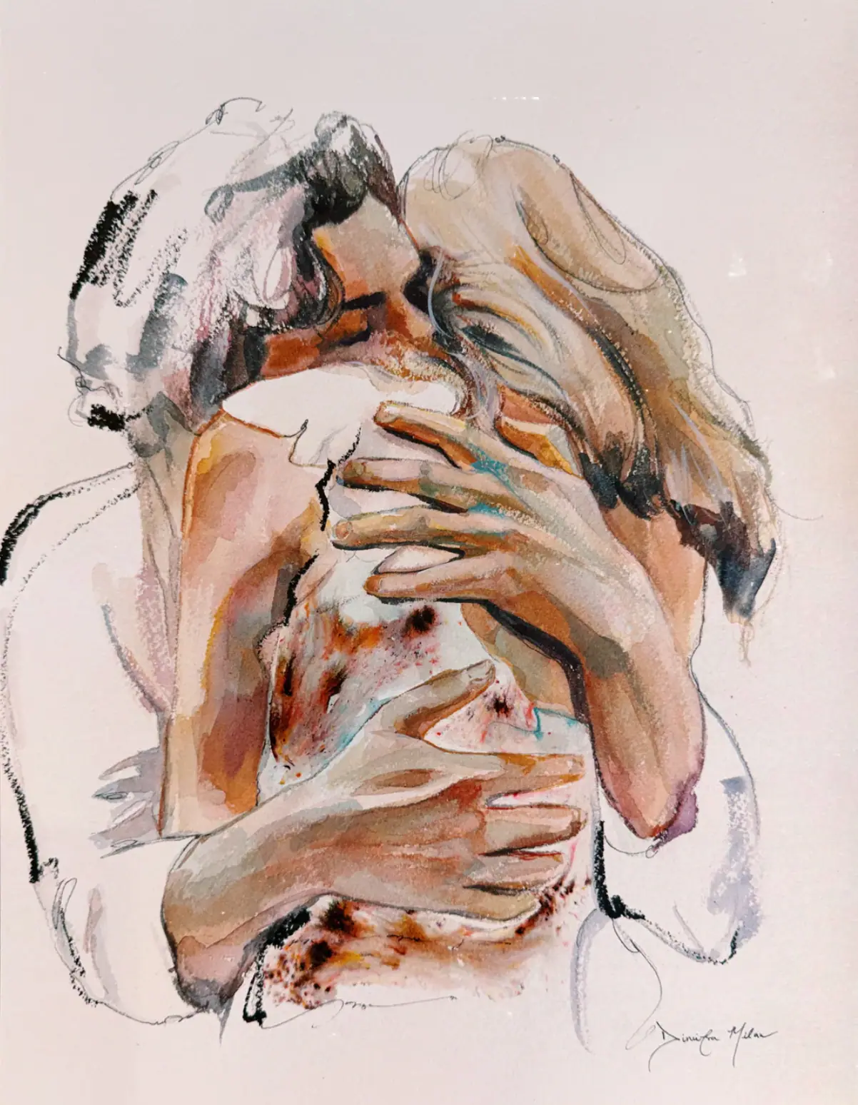 Watercolor style painting of a couple in warm tan and peach tones