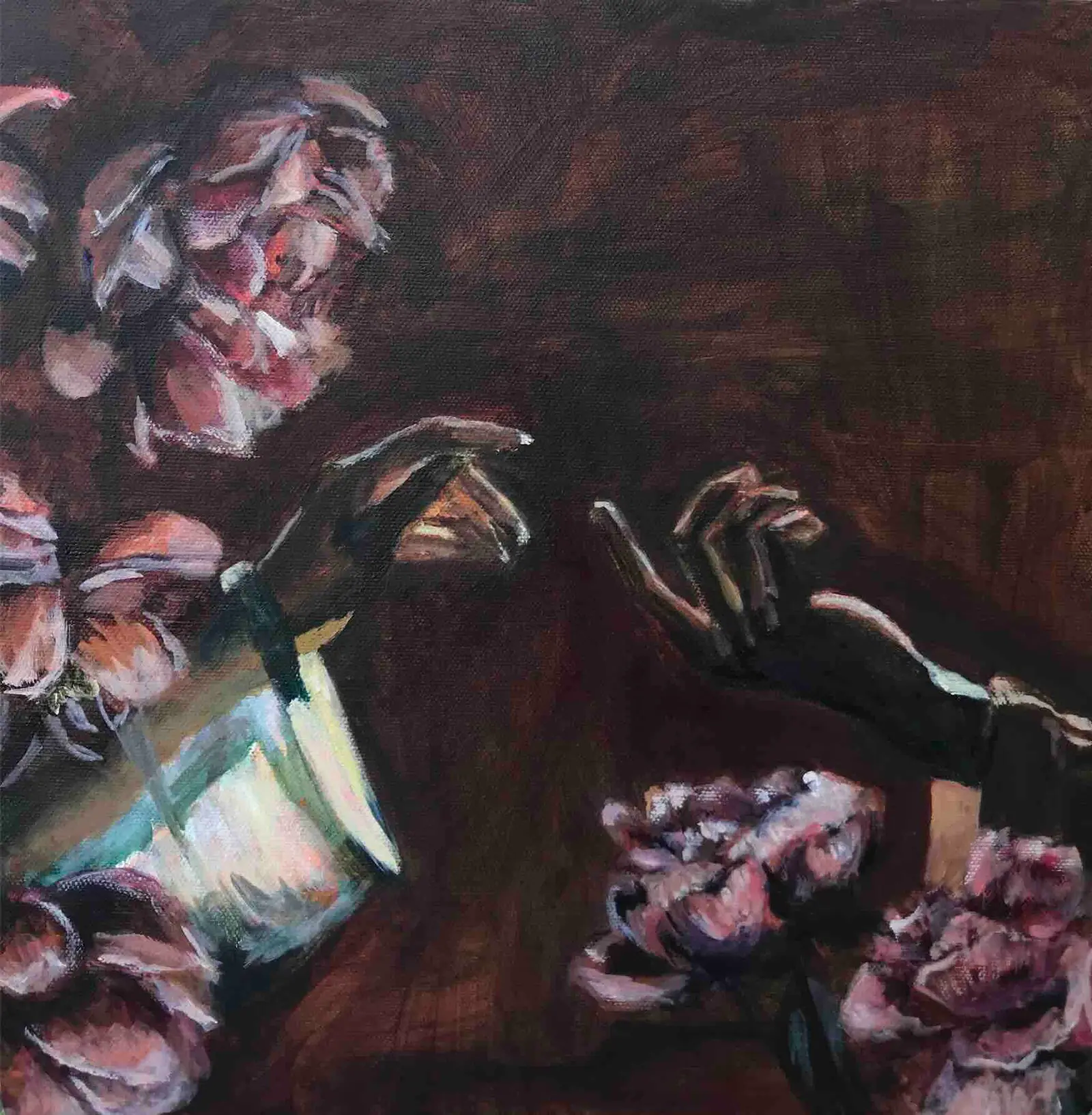 Painting of cupped hands holding light by residency artist Marissa Thornberry