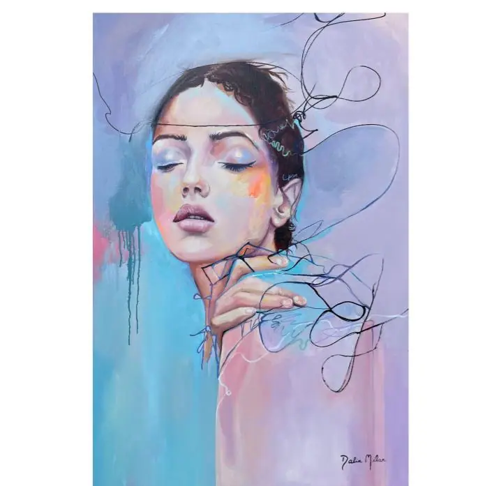 Expressive fine art portrait that carries the artist's own message rather than matching a room