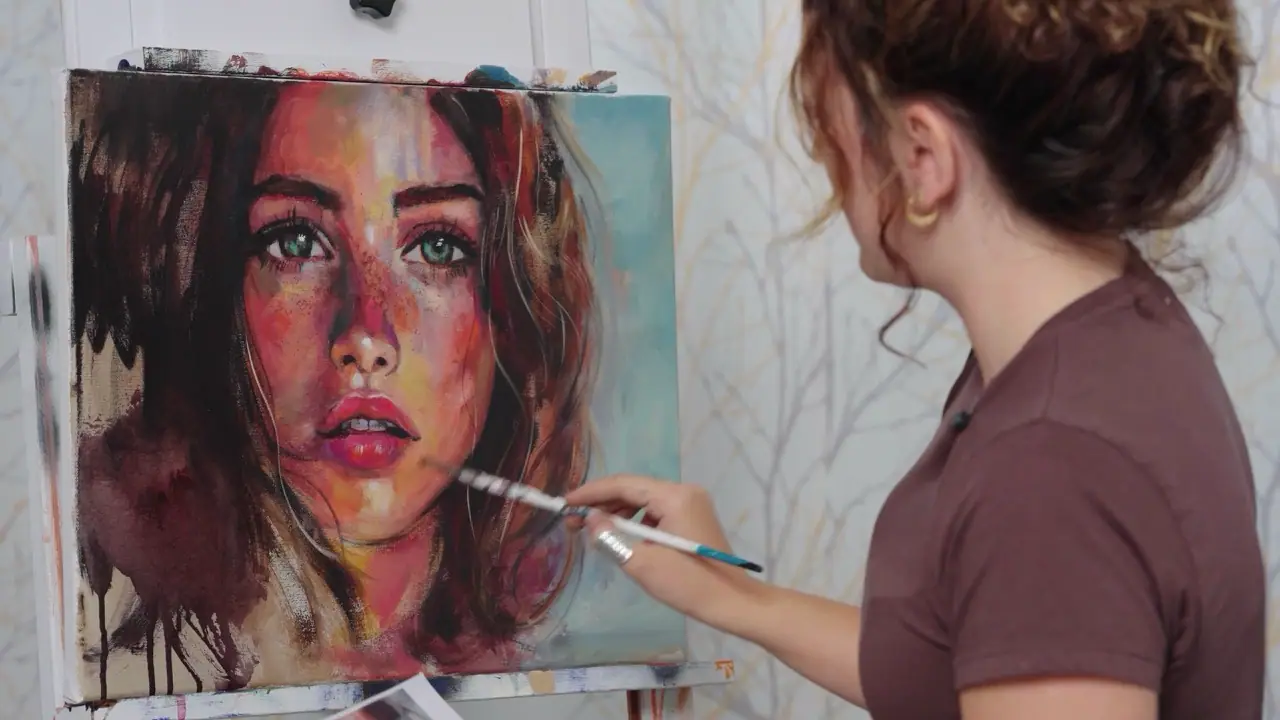 Artist in a brown shirt painting a portrait of a green eyed woman