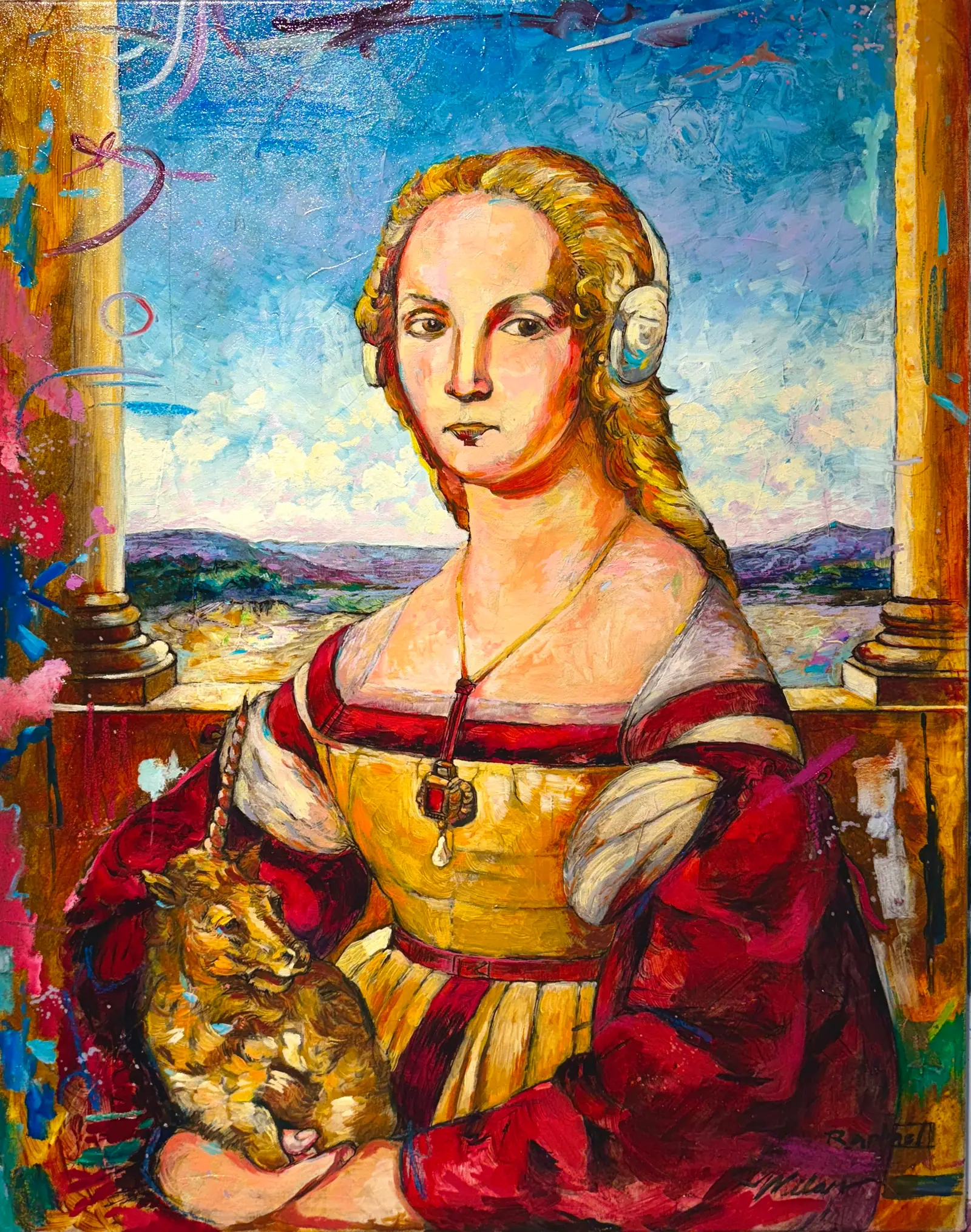 Renaissance style portrait of a woman in a red and gold dress holding a small animal