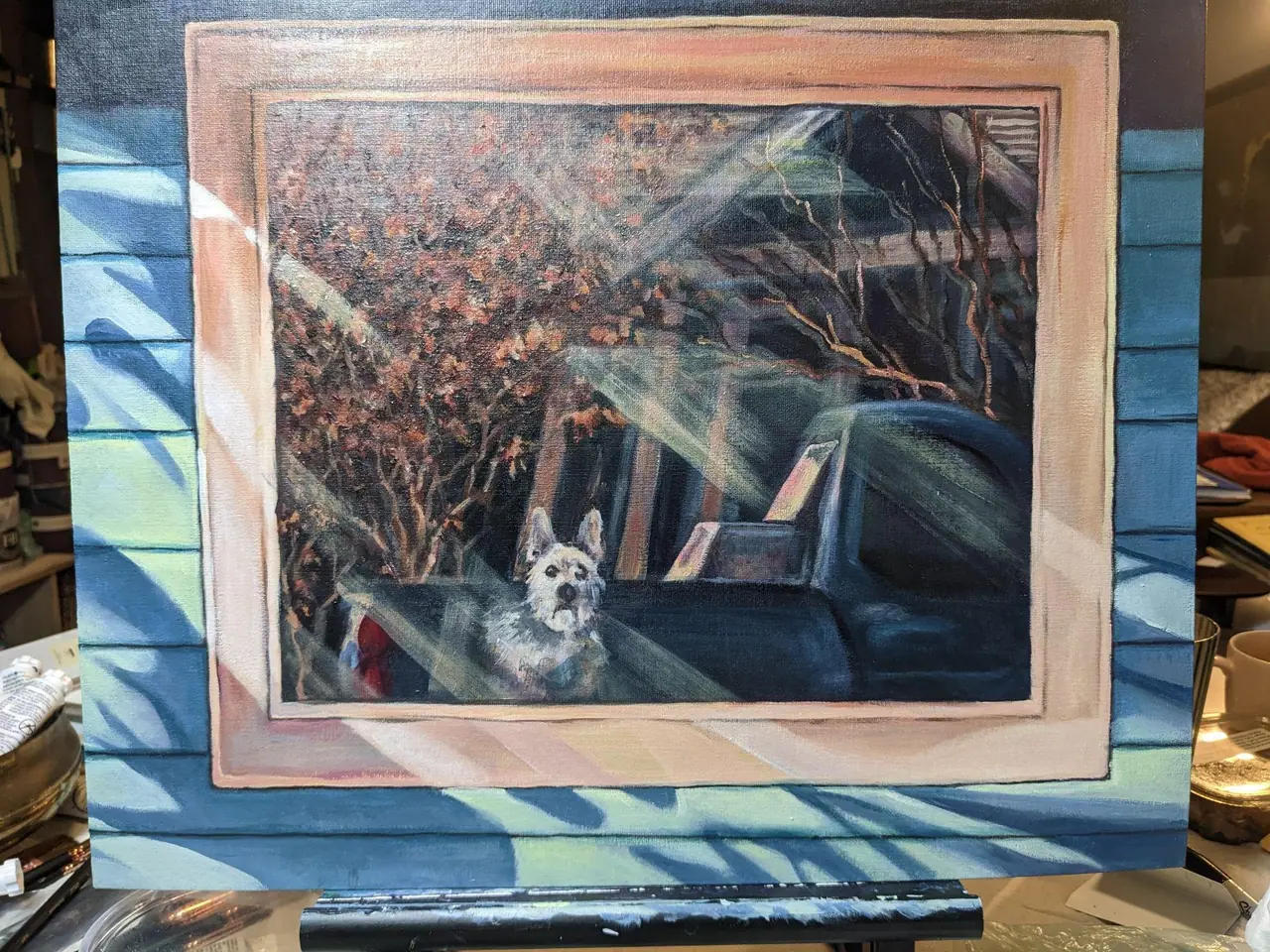Early representational painting of a white dog beside a green truck