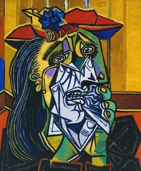 The Weeping Woman by Pablo Picasso, a grieving woman rendered in jagged planes of acid green and yellow