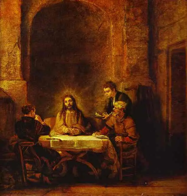 The Supper at Emmaus by Rembrandt, Christ revealed at the table in a warm pool of light against deep shadow