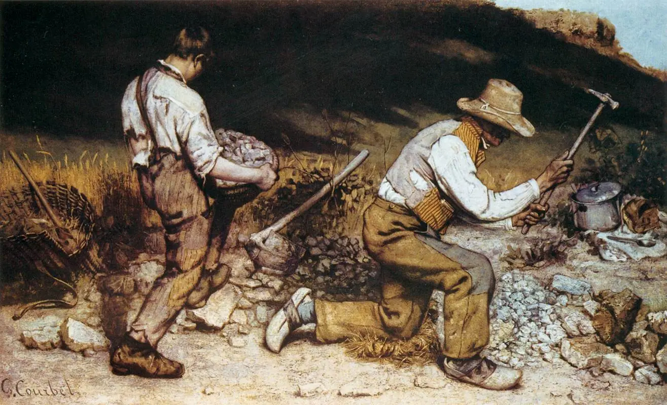 The Stonebreakers by Gustave Courbet, two laborers in dusty, tattered clothes breaking rocks beside a road