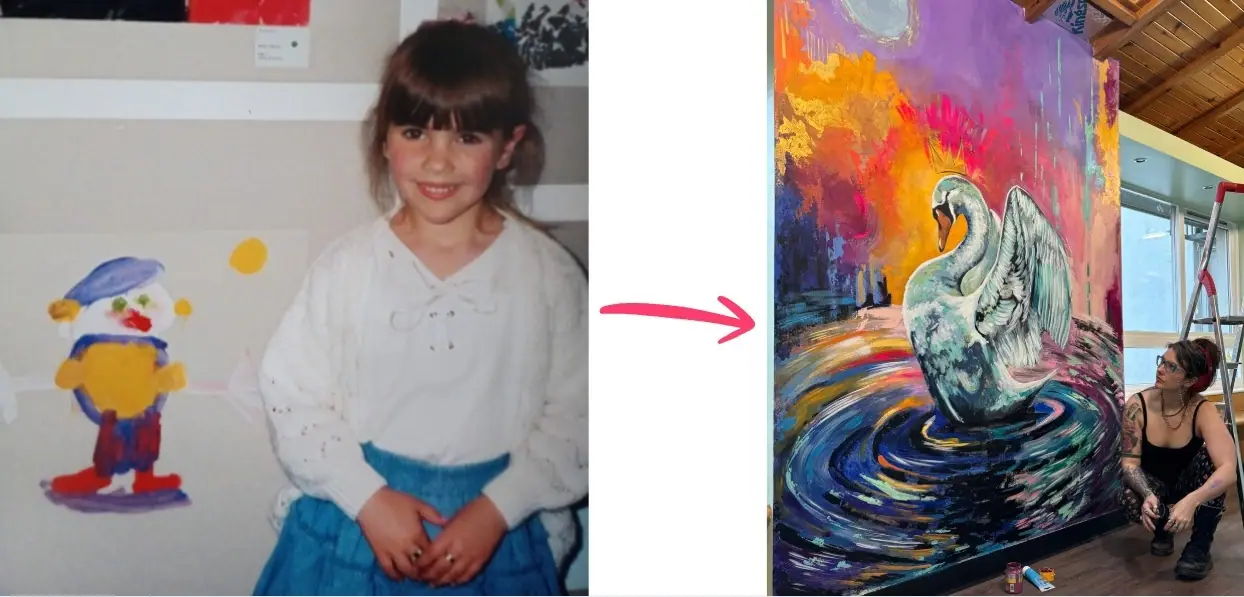 Before and after comparison of a childhood drawing of a swan and an adult painting of a swan