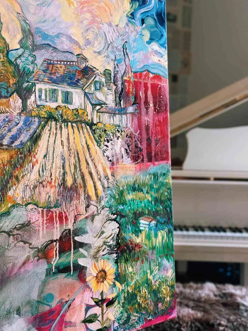 Expressive painting built from unblended strokes of red, green, and blue in the spirit of Van Gogh