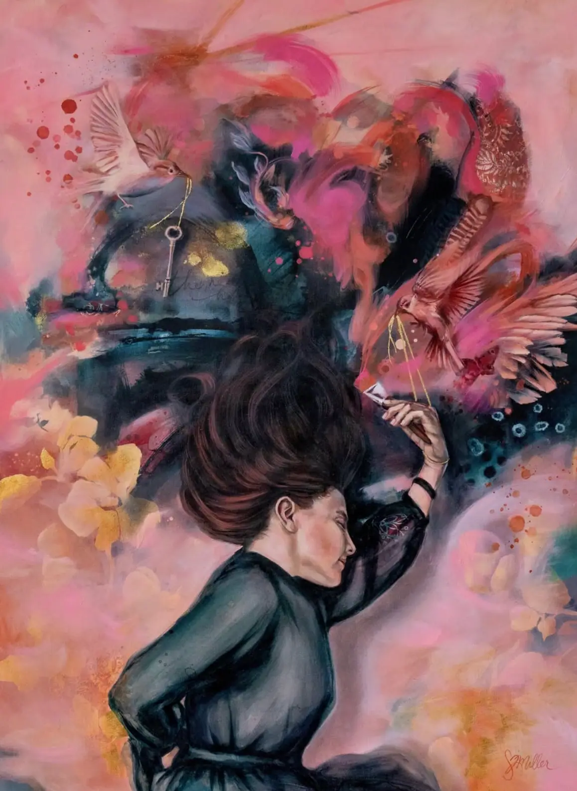 Painting of a woman in black resting with a paintbrush, surrounded by pink clouds and yellow flowers