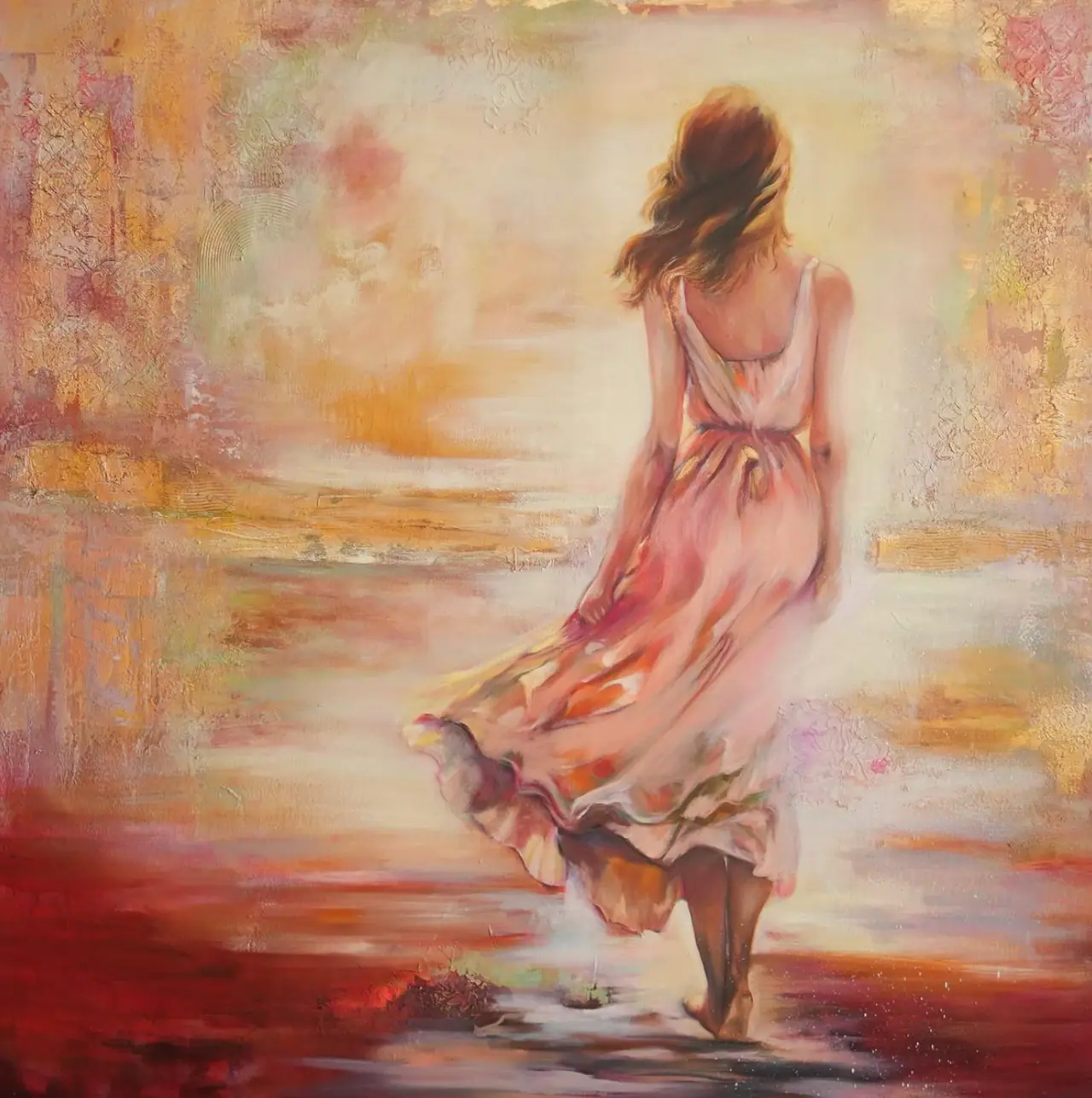 Painting of a woman walking in a pink dress against a red and gold background
