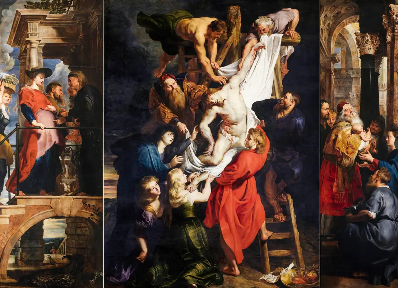 The Descent from the Cross by Peter Paul Rubens, figures lowering the body of Christ in a sweeping diagonal of light and cloth