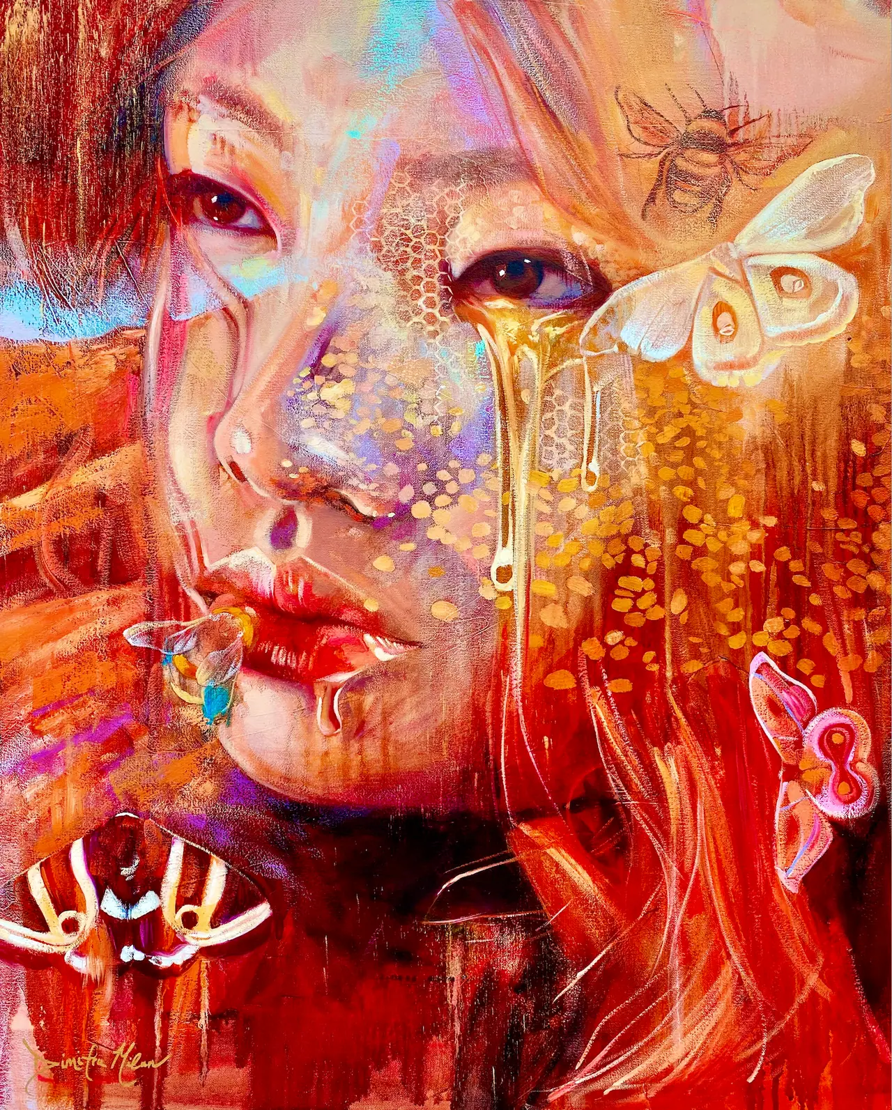 Portrait of a face surrounded by honeycomb and butterflies in glowing orange, red, pink, and white