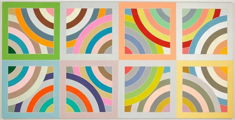 Frank Stella Tahkt i Sulayman Variation II with interlocking rainbow arcs and protractor curves on a shaped canvas