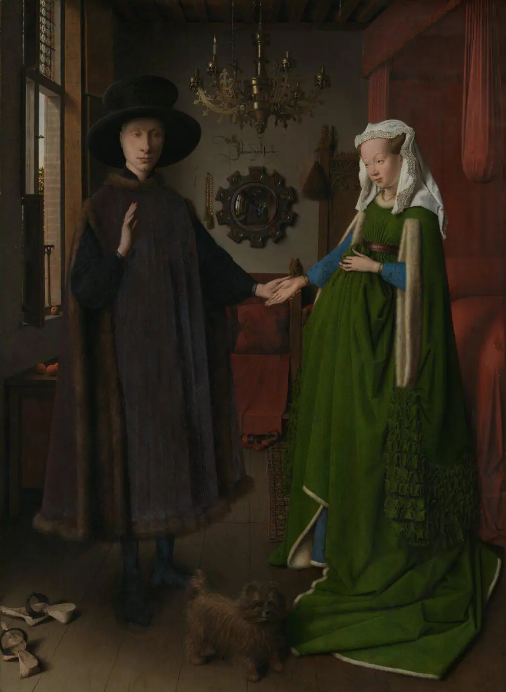 The Arnolfini Portrait by Jan van Eyck, a richly detailed oil painting of a couple holding hands in a fifteenth century interior