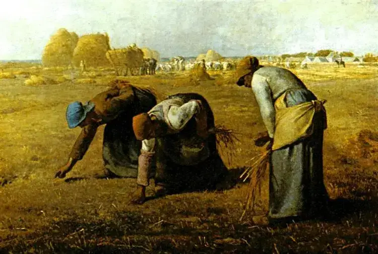 The Gleaners by Jean-François Millet, three peasant women bending to gather leftover grain in a harvested field