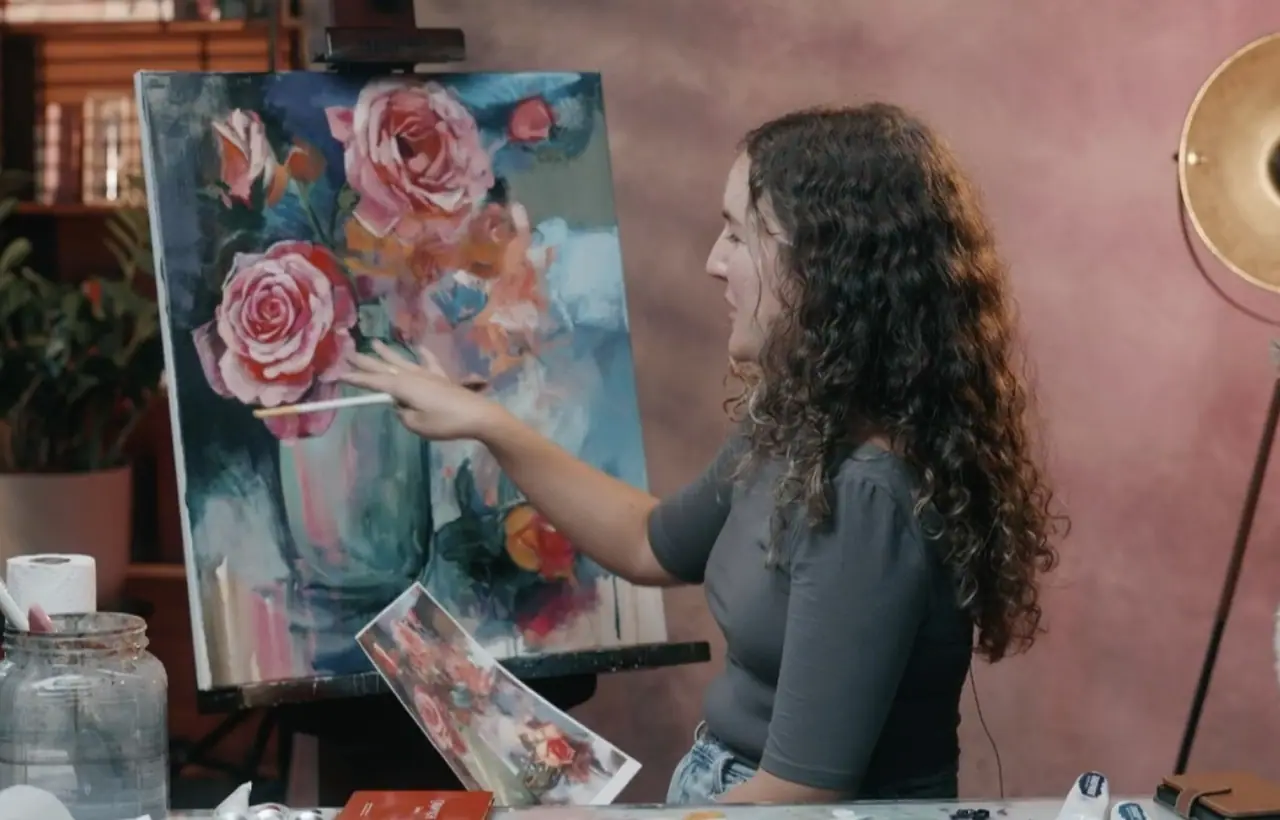 Acrylic floral still life painting exploring light, texture, and composition