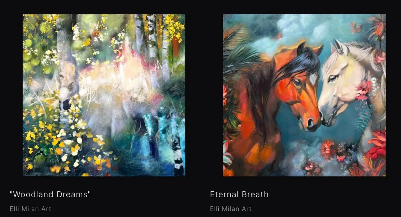 Two loose landscape paintings of green wooded scenes with horses painted with visible expressive brushwork