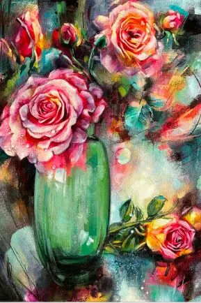 Graduate student acrylic floral painting built with confident brushwork and layered color