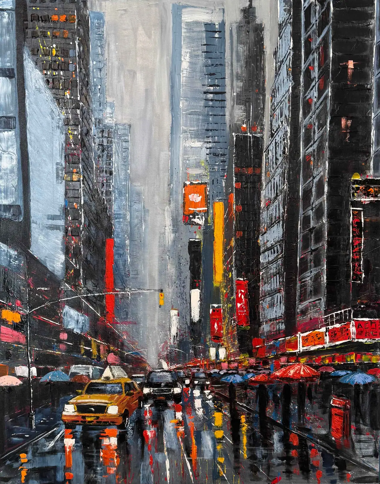 Tina Mutschler painting of a rainy New York street titled NY Rain Silent Currents