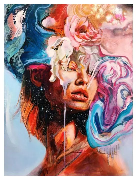 Portrait painting of a woman surrounded by pink, blue, and peach flowers