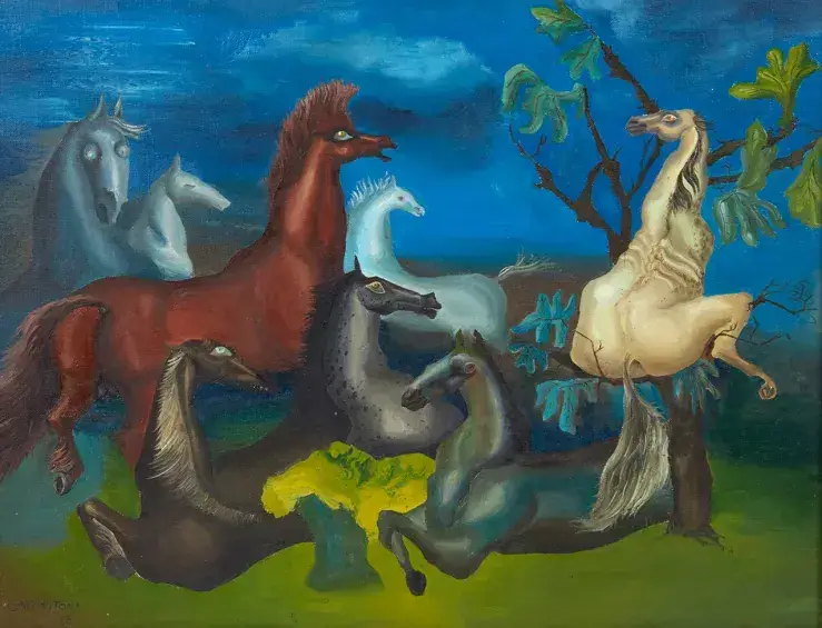 Leonora Carrington surrealist painting The Horses of Lord Candlestick filled with mythical figures