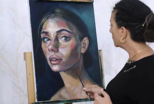 Finished portrait painting with strategic highlights and refined focal area