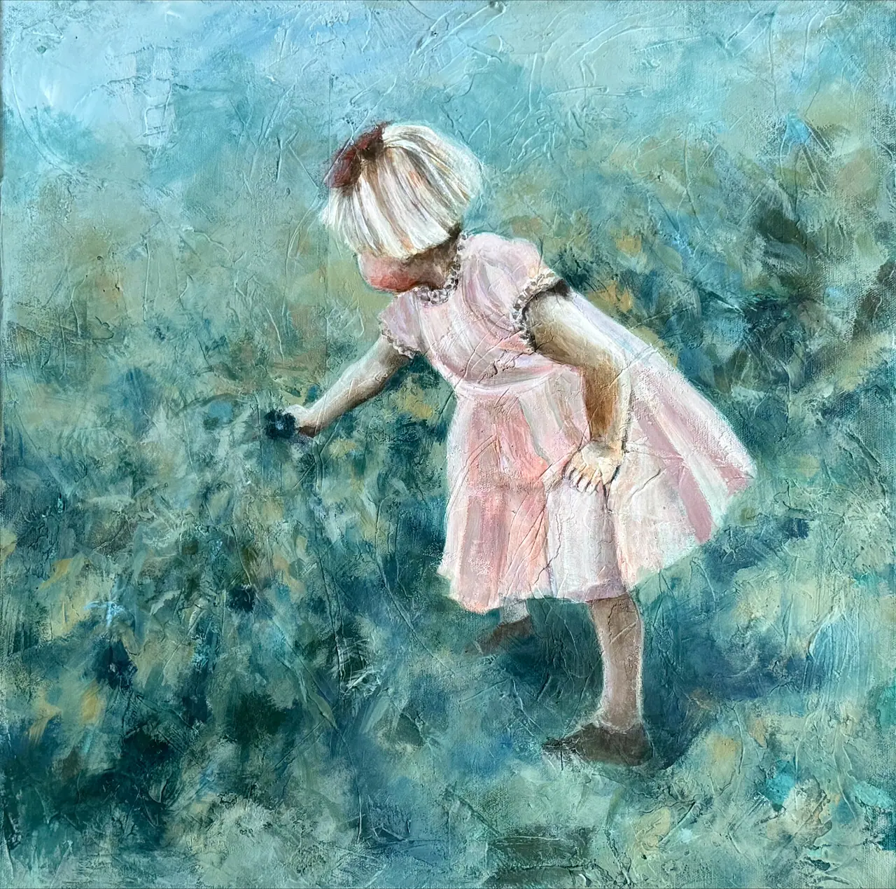 Painting of a little girl in a pink dress picking flowers in a green garden