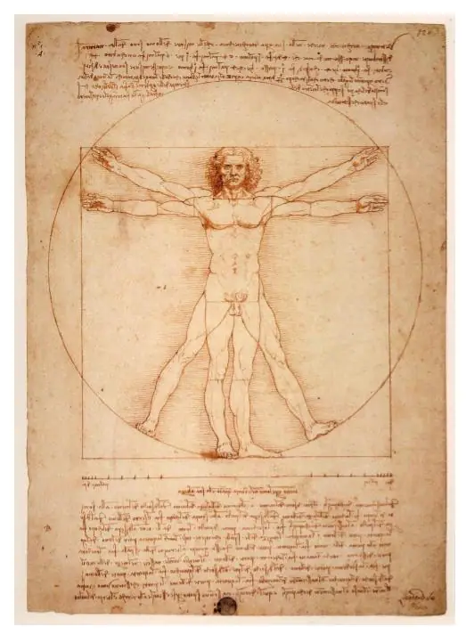 Leonardo da Vinci's Vitruvian Man drawing showing a male figure inscribed in a circle and square, drawn in pen and ink