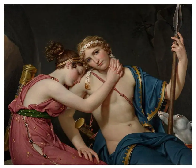The Farewell of Telemachus and Eucharis by Jacques Louis David, two figures in a tender parting