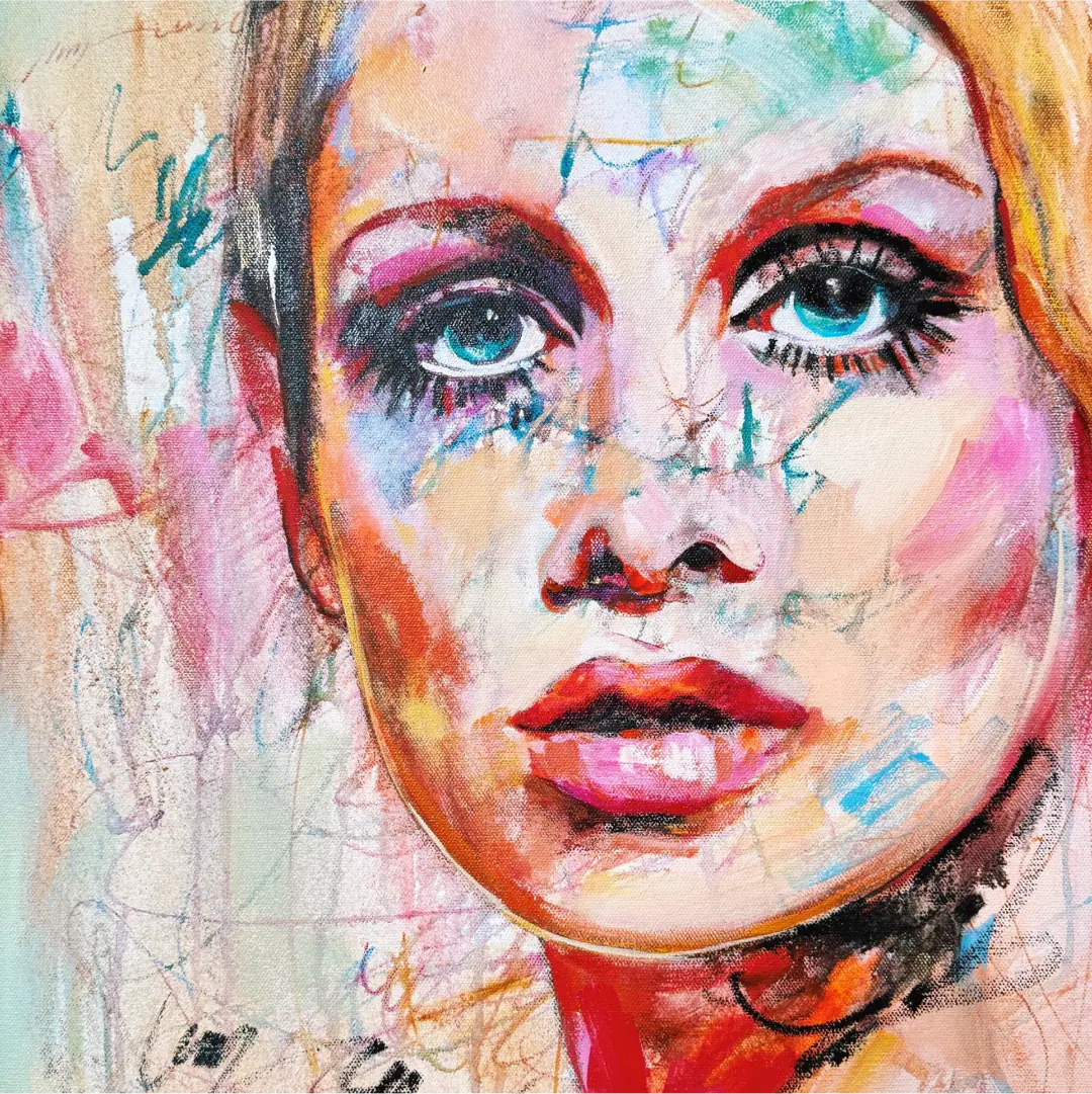 Portrait painted in acrylics with bold layered color and crisp fast drying edges