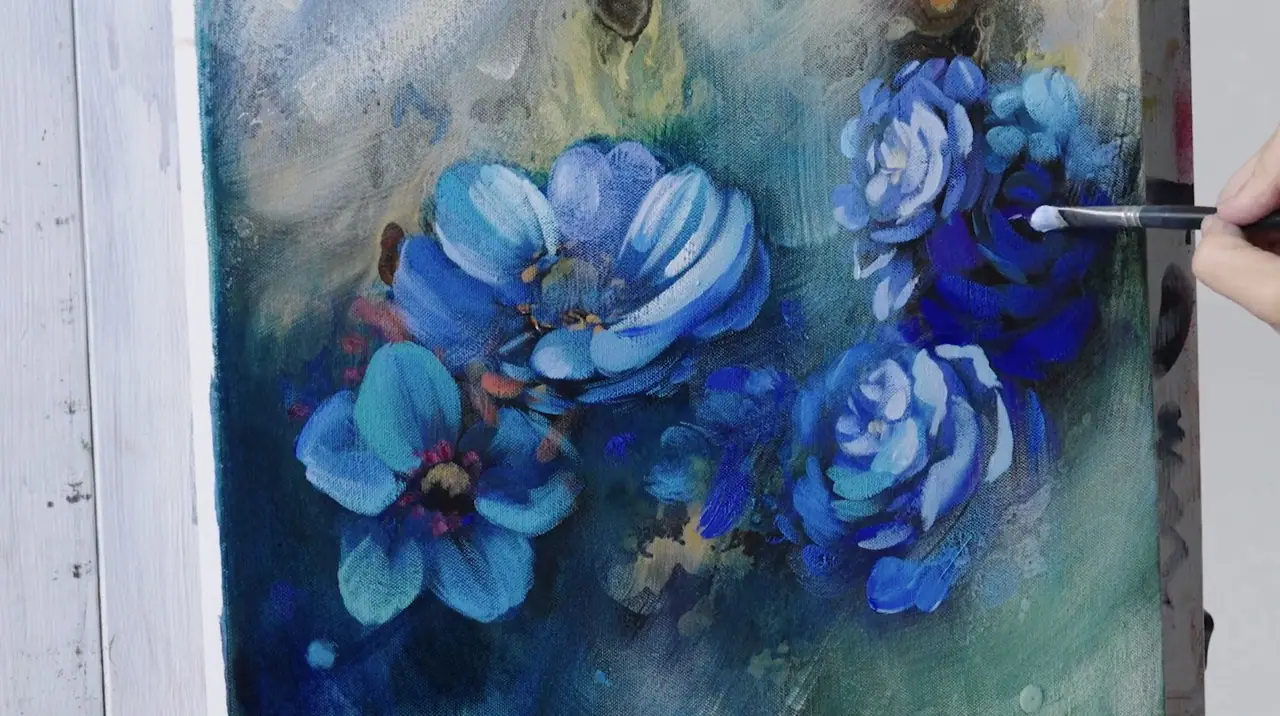 Painting of blue flowers with pale blue highlights catching the light on the petals