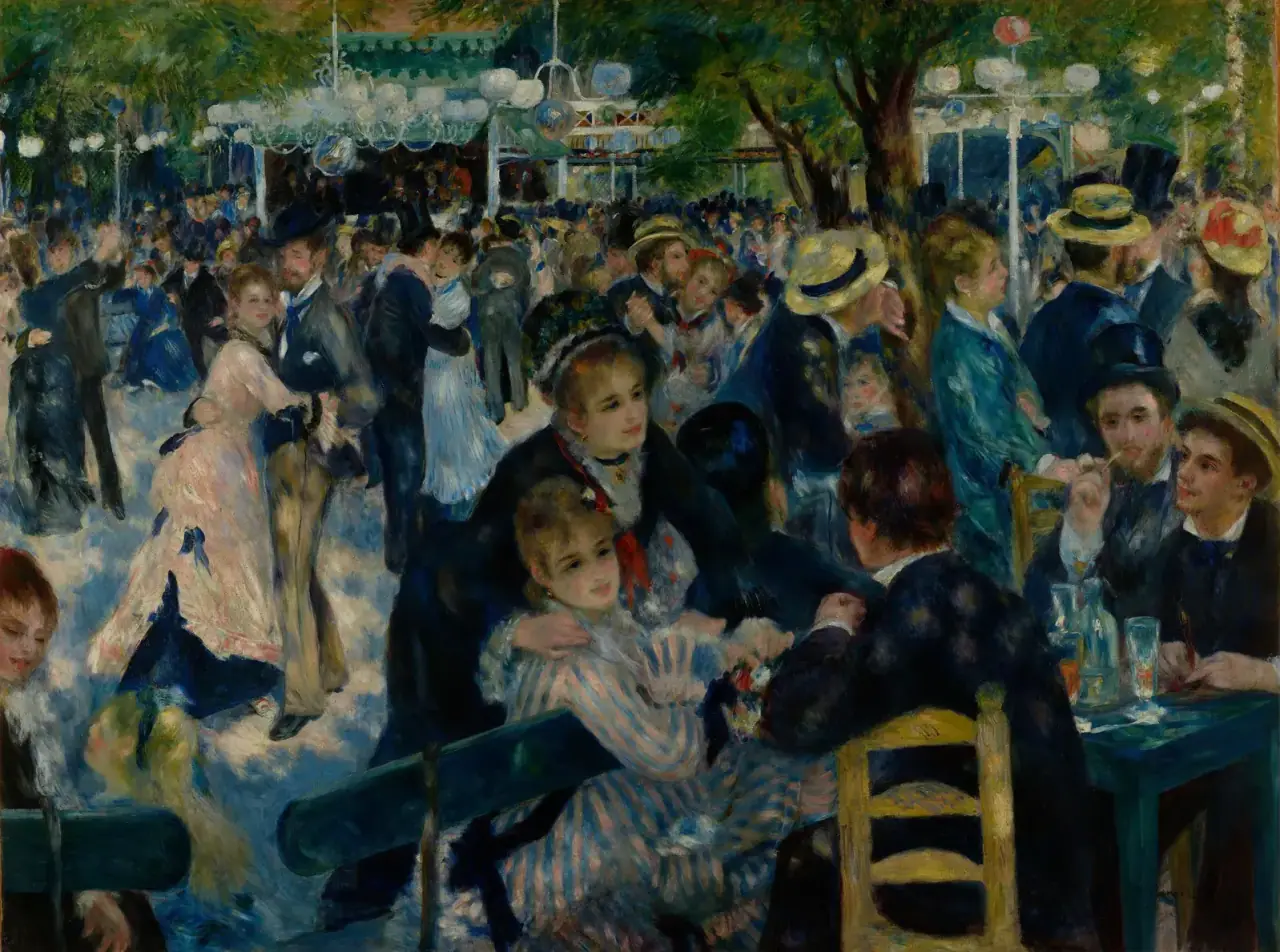 Renoir Dance at Le Moulin de la Galette showing a crowd at an outdoor afternoon party dappled with sunlight