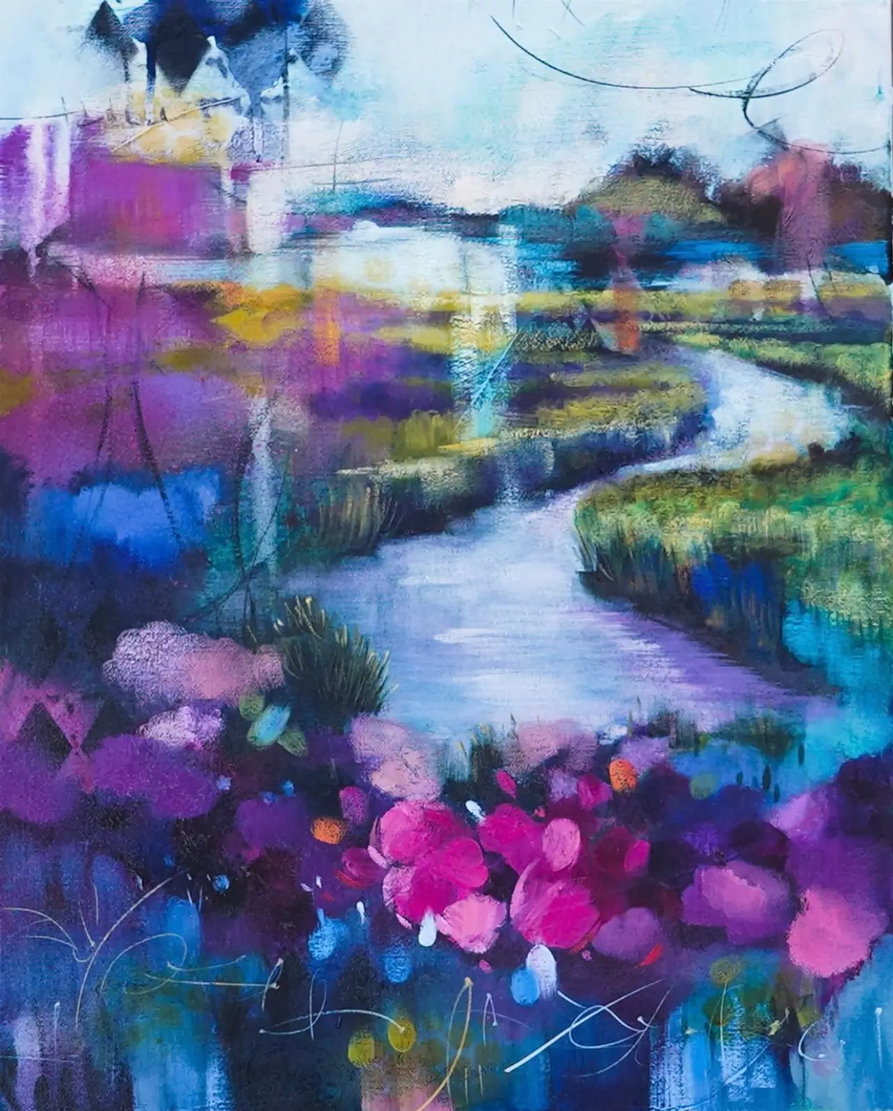Abstract landscape painting in blue and pink with transparent layered passages