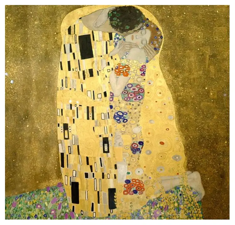 The Kiss by Gustav Klimt, a couple embracing wrapped in gold leaf patterns