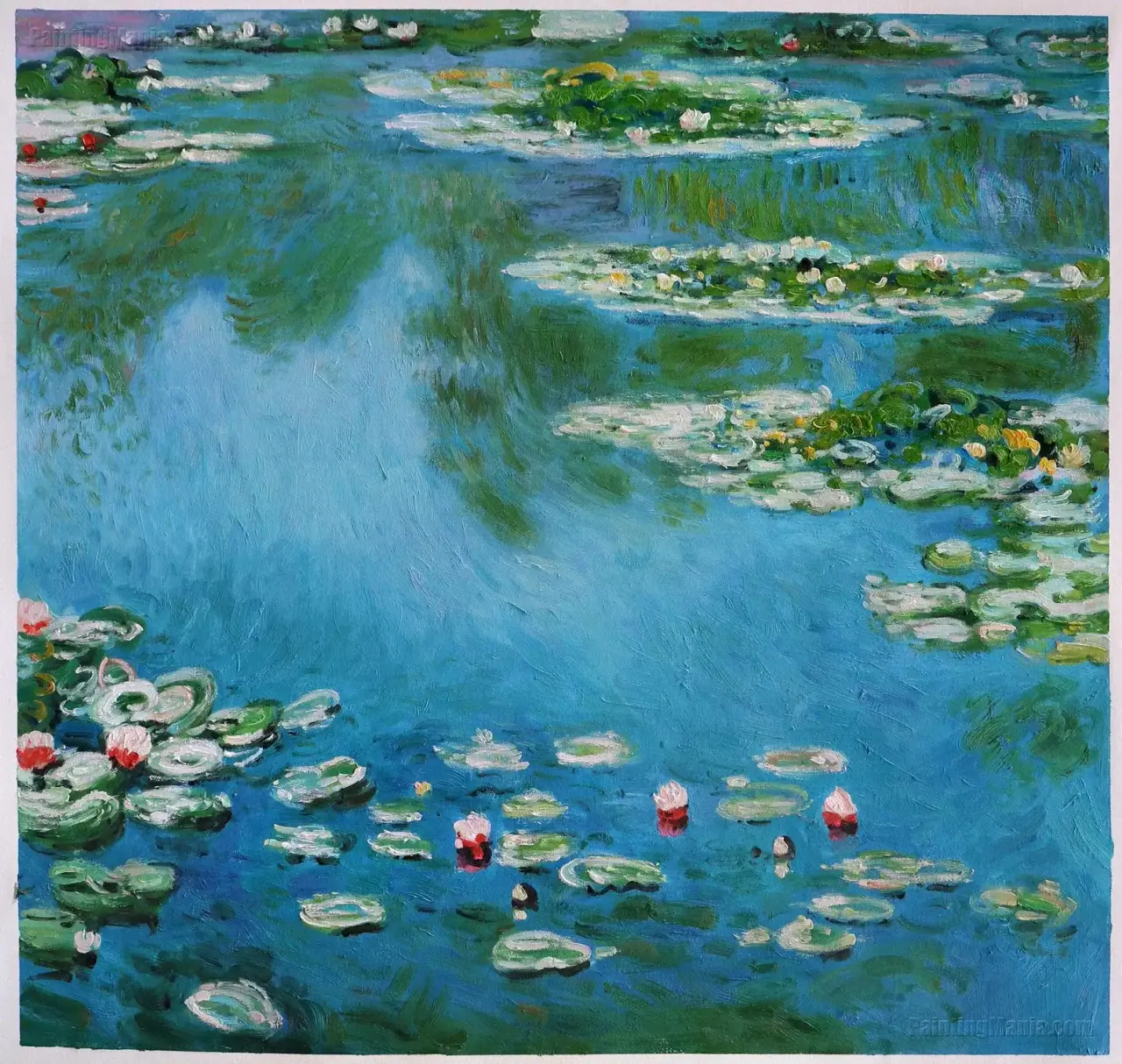 Water Lilies by Claude Monet, a pond surface holding the reflection of the sky among floating lilies in soft broken color